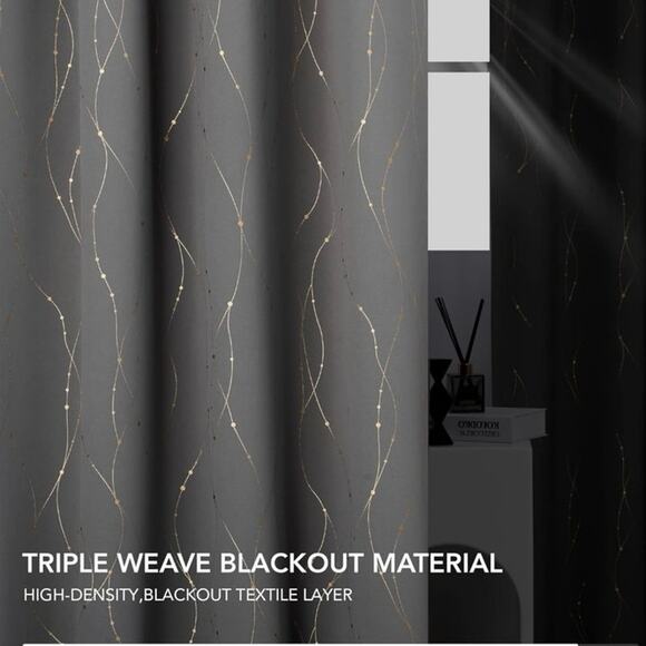2 Panels Blackout Curtains Dark Gray Gold Accents Grommet Hanging 52” x 84” READ - Picture 12 of 13